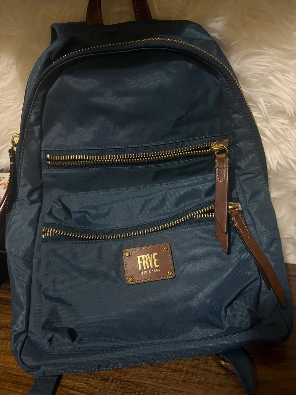 Frye Teal Blue Nylon Backpack with Brown Leather Trim